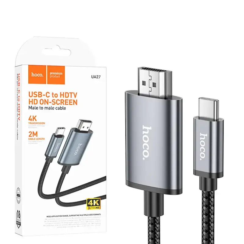 كابل hoco. UA27 هو كابل USB-C إلى HDTV (HDMI) يُستخدم لتوصيل أجهزة مثل الهواتف والأجهزة اللوحية وأجهزة الكمبيوتر المحمولة بشاشة التلفزيون أو الشاشة.