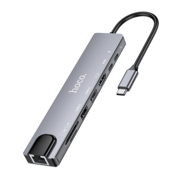 محول Hoco DUP09 8 في 1، محول USB-C متعدد المنافذ مصمم لتلبية احتياجات الاتصال المختلفة