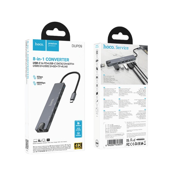 محول Hoco DUP09 8 في 1، محول USB-C متعدد المنافذ مصمم لتلبية احتياجات الاتصال المختلفة